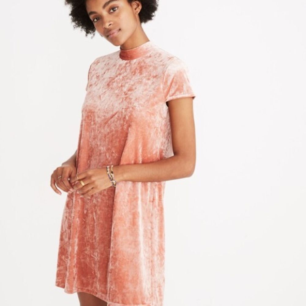 Madewell Crushed Velvet Mockneck Dress | Size Small | Blush Pink Tie-Back